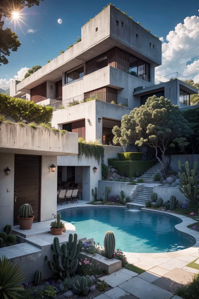 Multiple houses, brutalism style, Luis Barragán, Mountains in background, river, pool, terraces, stairs, garden terraces, trees, beautiful clouds, moon, sun, detailed, cacti, boulders, volcanic rocks, fuggy, river, lake, Violet, orange, olive green, blue, magenta, amazing volcano in horizont, beautiful garden design