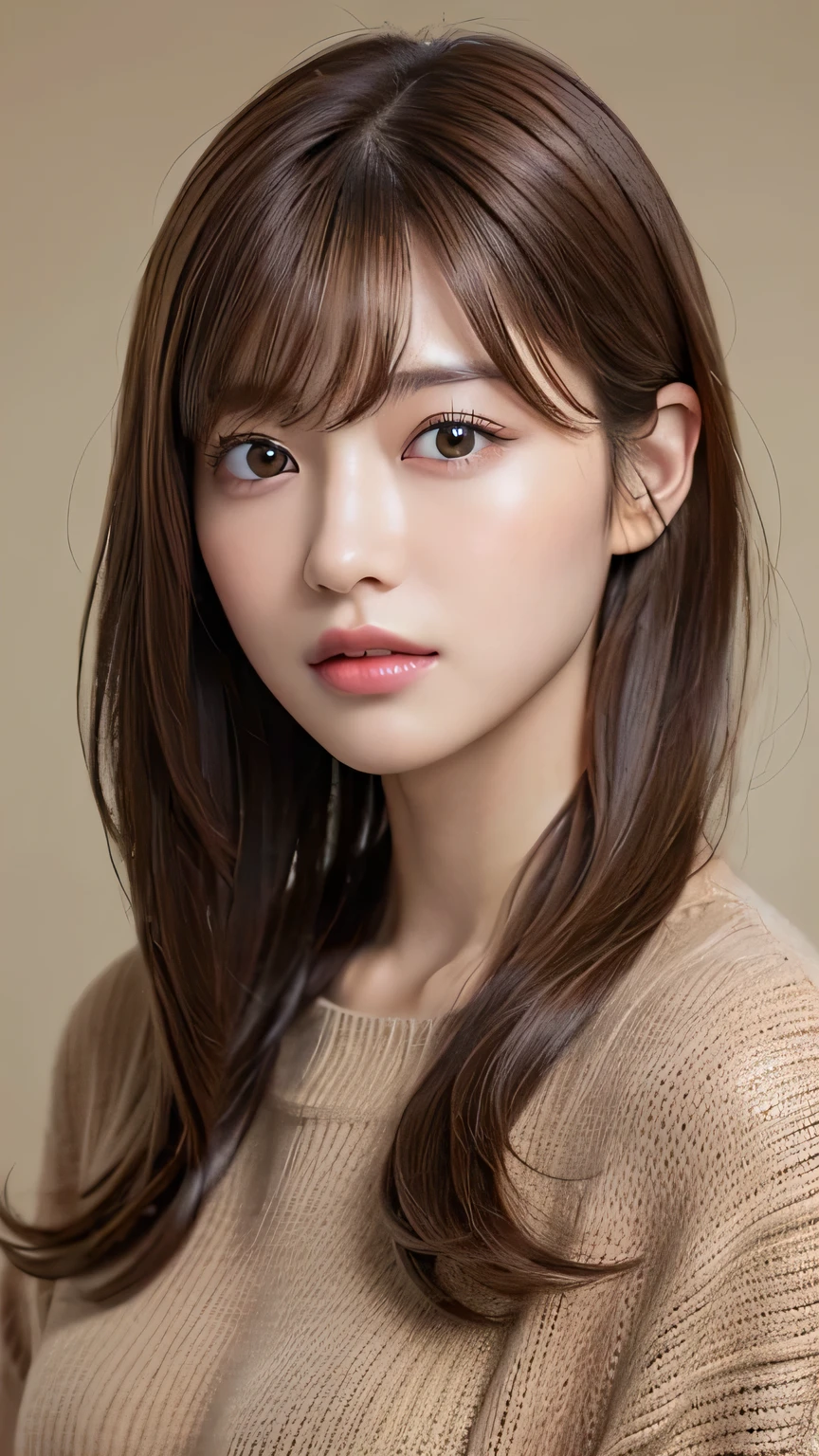 (8k、Photorealistic、RAW Photos、Highest quality: 1.4)、(1 girl)、Beautiful Face、(A vivid face)、(Light brown hair:1.5)、(Medium Hair)、Beautiful hairstyle、(One eye is hidden by bangs:1.5)、Realistic brown eyes、Beautiful details、(Realistic looking skin)、Beautiful Skin、(Black sweater)、Absurd、Charm、Embarrassing、Ultra-high resolution、Surreal、Attention to detail、Golden Ratio