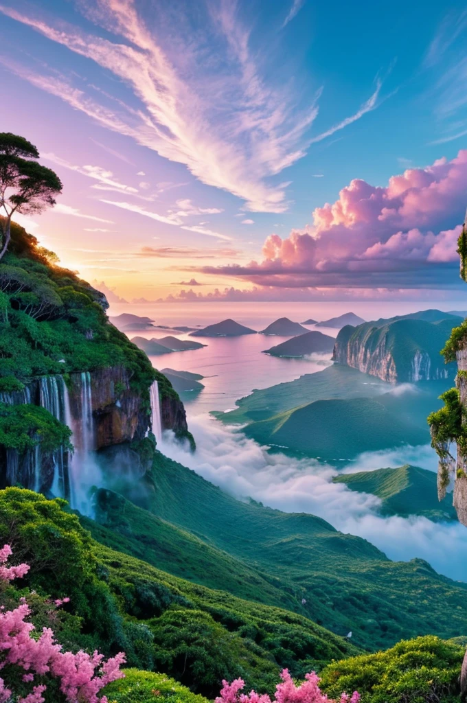 Ethereal Floating Isles: Picture an archipelago of islands floating effortlessly in the sky, each suspended by shimmering waterfalls that cascade into the abyss below. Lush greenery, dotted with vibrant, luminescent flowers, covers the islands. The sky above is a gradient of warm pinks and purples, with golden beams of sunlight breaking through ethereal, cotton-candy clouds. Gentle breezes carry the melodic whispers of nature, creating a serene and magical atmosphere.