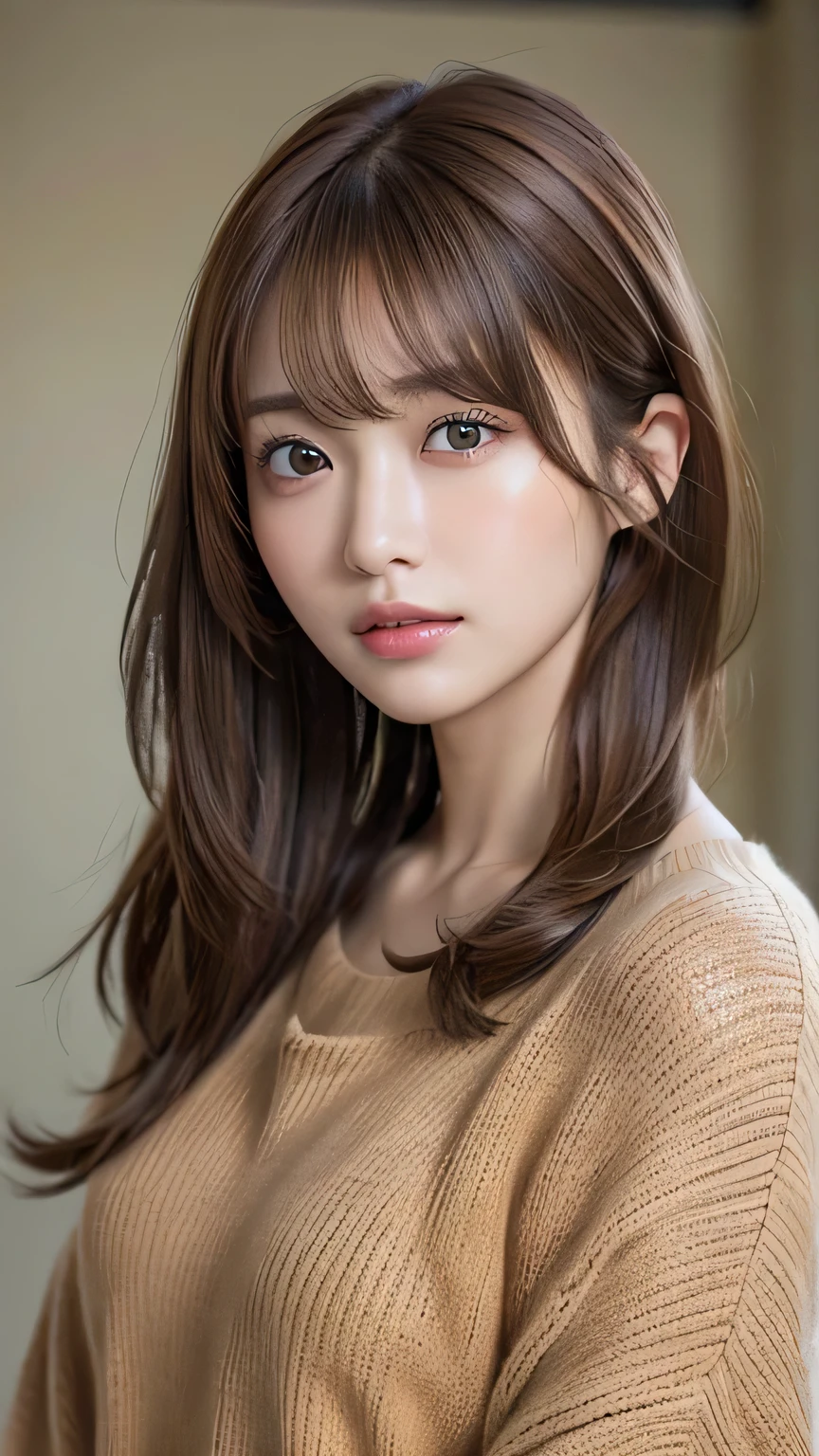 (8k、Photorealistic、RAW Photos、Highest quality: 1.4)、(1 girl)、Beautiful Face、(A vivid face)、(Light brown hair:1.5)、(Medium Hair)、Beautiful hairstyle、（One eye is hidden by bangs：1.5）、Realistic brown eyes、Beautiful details、（Realistic looking skin）、Beautiful Skin、（Black sweater）、Absurd、Charm、Embarrassing、Ultra-high resolution、Surreal、Attention to detail、Golden Ratio