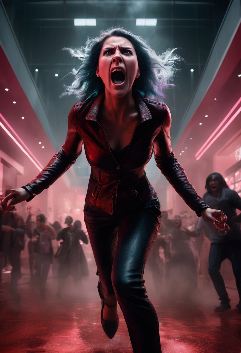 a woman screaming in terror, liquid metal coalescing into a bloodthirsty demon, busy shopping mall, hyper realistic, cinematic lighting, dramatic shadows, volumetric fog, vibrant colors, unreal engine, photorealistic, detailed facial features, expressive eyes, highly detailed, 8k, masterpiece, cinematic composition, dramatic atmosphere, intense contrast, moody lighting
