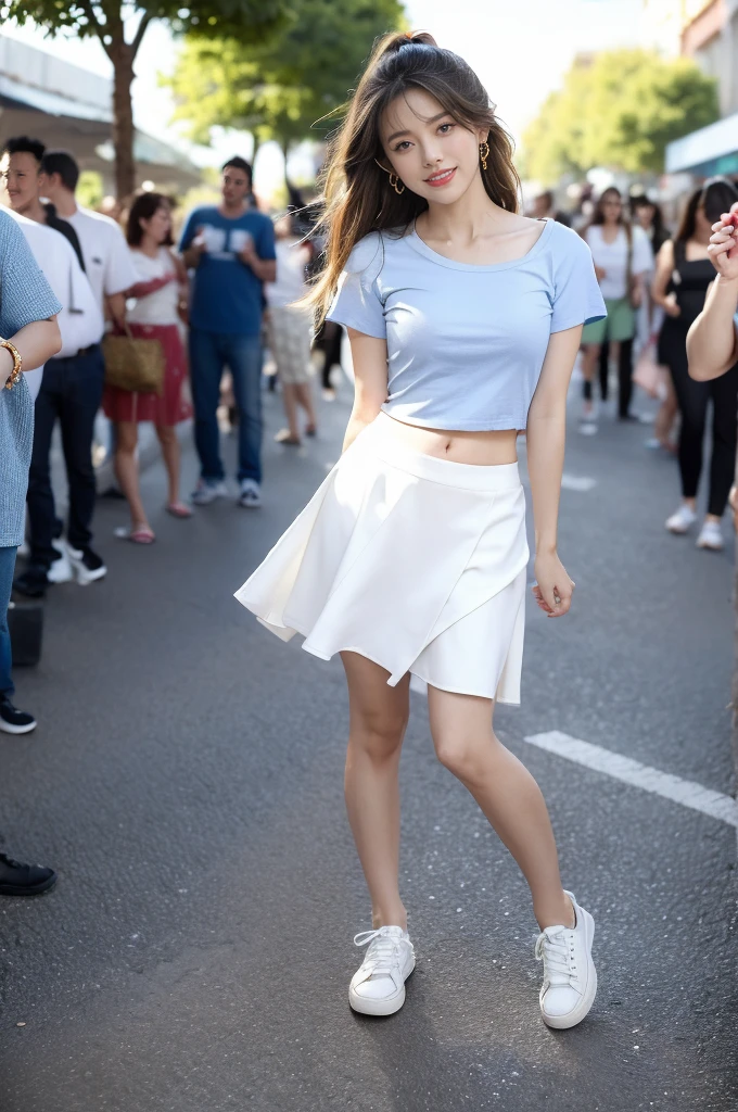 (((best quality))), (((ultra detailed))), (((masterpiece))), illustration,((a beautiful girl,solo)),(shoulder length straight hair:1.2),((slim,thin)),((small breasts,flat chest,claviclis,navel)),(blue short-sleeved white shirt:1.5),(blue mini-skirt:1.3),(slender legs:1.2),(sneakers:1.3),(standing:1.3),((on a stage,outside a shopping mall, at the entrance of a beer promotional event,on the street)), ((surrounded by crowded crowds)),((her hair and the edges of her skirt fluttering in the air)), the girl's attire reflecting the vibrant spirit of summer, a sense of youthful charm and confidence exuding from her, her hair flows freely in the wind, the fluttering skirt accentuating her graceful movements, her expressive eyes and infectious smile drawing people closer, the stage adorned with colorful decorations, the vibrant atmosphere enhanced by the enthusiasm of the crowd, onlookers of various ages captivated by her performance, clapping, cheering, and taking photos, the girl's graceful dance transforming the ordinary streets into a vibrant and lively venue, her energy and charisma captivating the audience, the scene encapsulating the spirit of summer and the beauty of artistic expression,(night scene:1.3),(from front:1.3),(arms behind back:1.3),(full body:1.3)