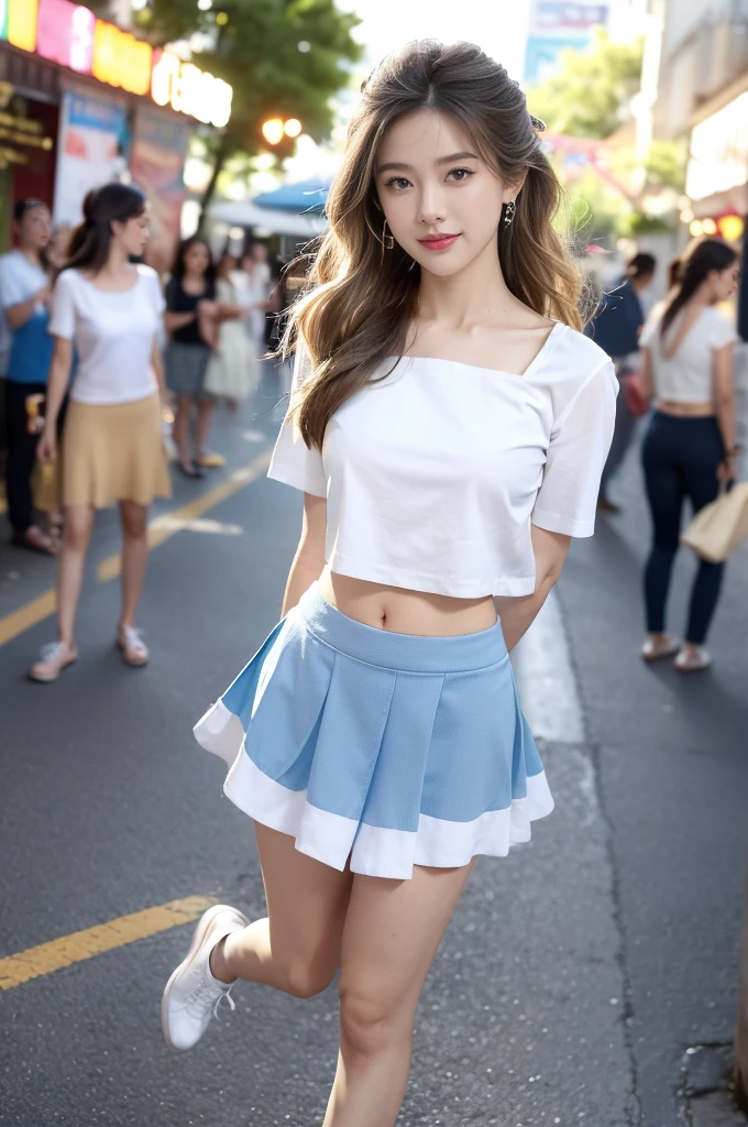 (((best quality))), (((ultra detailed))), (((masterpiece))), illustration,((a beautiful girl,solo)),(shoulder length straight hair:1.2),((slim,thin)),((small breasts,flat chest,claviclis,navel)),(blue short-sleeved white shirt:1.5),(blue mini-skirt:1.3),(slender legs:1.2),(sneakers:1.3),(standing:1.3),((on a stage,outside a shopping mall, at the entrance of a beer promotional event,on the street)), ((surrounded by crowded crowds)),((her hair and the edges of her skirt fluttering in the air)), the girl's attire reflecting the vibrant spirit of summer, a sense of youthful charm and confidence exuding from her, her hair flows freely in the wind, the fluttering skirt accentuating her graceful movements, her expressive eyes and infectious smile drawing people closer, the stage adorned with colorful decorations, the vibrant atmosphere enhanced by the enthusiasm of the crowd, onlookers of various ages captivated by her performance, clapping, cheering, and taking photos, the girl's graceful dance transforming the ordinary streets into a vibrant and lively venue, her energy and charisma captivating the audience, the scene encapsulating the spirit of summer and the beauty of artistic expression,(night scene:1.3),(from front:1.3),(arms behind back:1.3),(full body:1.3)