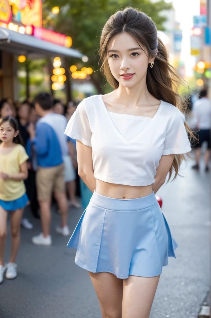 (((best quality))), (((ultra detailed))), (((masterpiece))), illustration,((a beautiful girl,solo)),(shoulder length straight hair:1.2),((slim,thin)),((small breasts,flat chest,claviclis,navel)),(blue short-sleeved white shirt:1.5),(blue mini-skirt:1.3),(slender legs:1.2),(sneakers:1.3),(standing:1.3),((on a stage,outside a shopping mall, at the entrance of a beer promotional event,on the street)), ((surrounded by crowded crowds)),((her hair and the edges of her skirt fluttering in the air)), the girl's attire reflecting the vibrant spirit of summer, a sense of youthful charm and confidence exuding from her, her hair flows freely in the wind, the fluttering skirt accentuating her graceful movements, her expressive eyes and infectious smile drawing people closer, the stage adorned with colorful decorations, the vibrant atmosphere enhanced by the enthusiasm of the crowd, onlookers of various ages captivated by her performance, clapping, cheering, and taking photos, the girl's graceful dance transforming the ordinary streets into a vibrant and lively venue, her energy and charisma captivating the audience, the scene encapsulating the spirit of summer and the beauty of artistic expression,(night scene:1.3),(from front:1.3),(arms behind back:1.3),(full body:1.3)