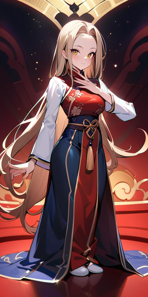 ((Highest quality、masterpiece、Anime Style、Highest quality、High resolution、8k、detailed、ultra-detailed:1.3))、Long legs、Sharp focus:1.2, Beautiful woman with perfect figure:1.4、(smile:1.2), double eyelid、30-year-old woman、Sexy pose、((((Shut your mouth.、One Woman、Chinese clothing:1.5)))),The background is another world
