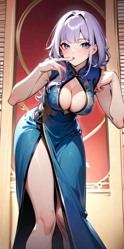 ((Highest quality、masterpiece、Anime Style、Highest quality、High resolution、8k、detailed、ultra-detailed:1.3))、Long legs、Sharp focus:1.2, Beautiful woman with perfect figure:1.4、(smile:1.2), double eyelid、30-year-old woman、Sexy pose、((((Shut your mouth.、One Woman、Chinese clothing:1.5)))),The background is another world