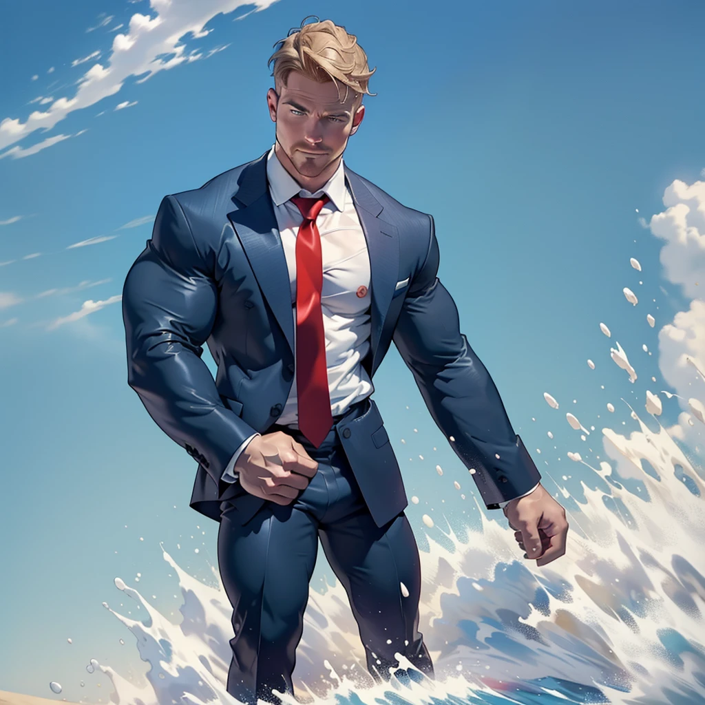 1 man, male focus solo, middle aged man,((( Stephen AMELL ))) as private investigator, lean muscle,very light blue shirt, marine blue businessman suit ,( red tie) ,( big bulge), full body shot, dark blond short hair, well groomed facial hair, holding a gun with one hand, , ultra high quality, masterpiece, (clear intense a splash of color blue and white paint in the blackground)