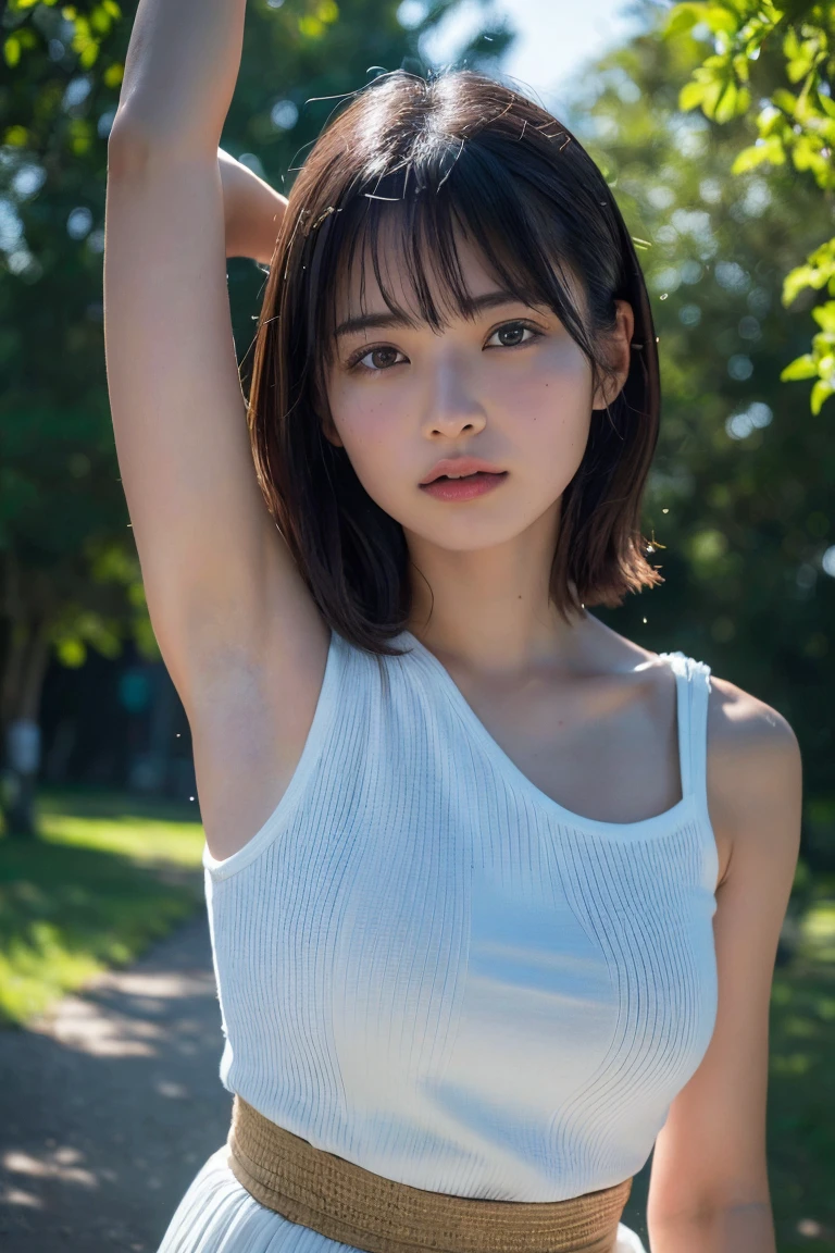 (Highest quality:1.4),(masterpiece:1.4),(Realistic:1.4),(Realistic:1.2),(超High resolution, RAW Photos:1.4),(High resolution, Ultra-detailed:1.2),(8k:1.2),Cinematic photography,a photo of a dark-haired,One girl,alone,wear ,((Japanese female warrior))、((Upper Body:1.3))、Raise your arms to show your sides、((Raise your arms to show your sides))、In the park