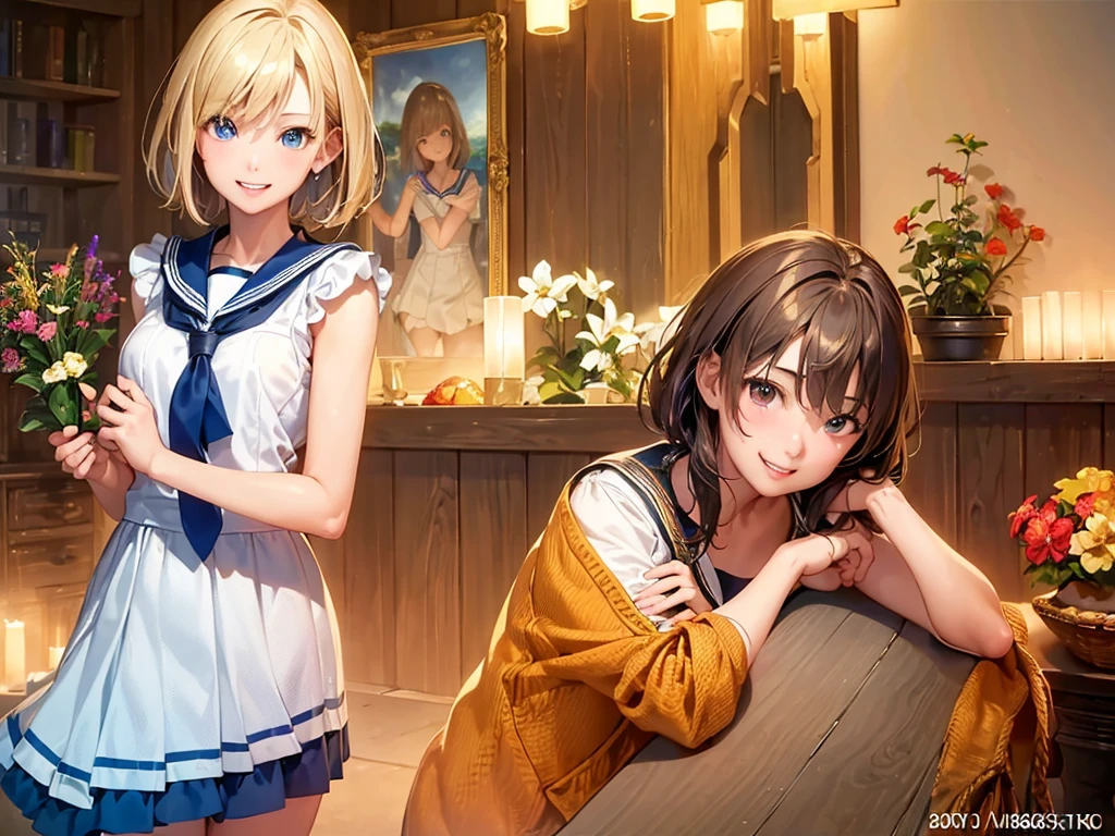 (masterpiece、Highest quality:1.2),Frame In、 Cowboy Shot, One Girl, View your audience, (Highest quality, 8k, Oil, Tabletop:1.2), Very detailed, (Realistic, Realistic:1.37)、short hair、Blonde、Fun Expressions、smile、Teeth are visible、Sailor suit、high school girl、Health Room、Daytime、Arms folded in front of chest