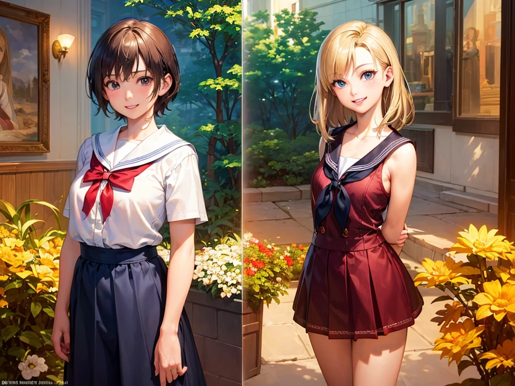 (masterpiece、Highest quality:1.2),Frame In、 Cowboy Shot, One Girl, View your audience, (Highest quality, 8k, Oil, Tabletop:1.2), Very detailed, (Realistic, Realistic:1.37)、short hair、Blonde、Fun Expressions、smile、Teeth are visible、Sailor suit、high school girl、Health Room、Daytime、Arms folded in front of chest