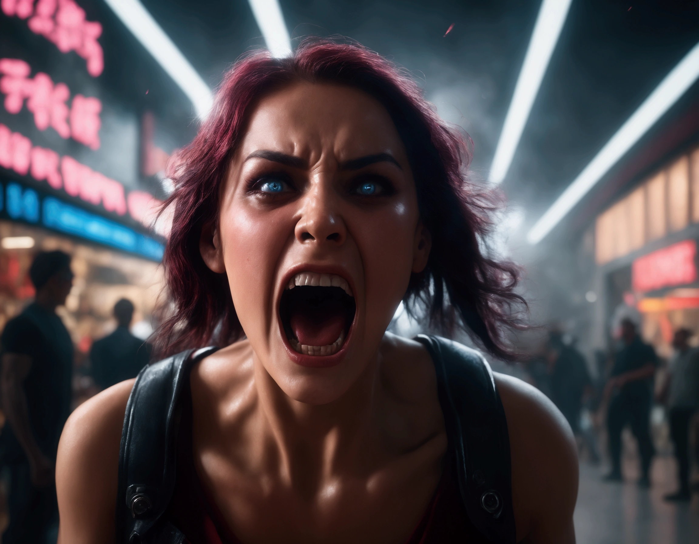 a woman screaming in terror, liquid metal coalescing into a bloodthirsty demon, busy shopping mall, hyper realistic, cinematic lighting, dramatic shadows, volumetric fog, vibrant colors, unreal engine, photorealistic, detailed facial features, expressive eyes, highly detailed, 8k, masterpiece, cinematic composition, dramatic atmosphere, intense contrast, moody lighting
