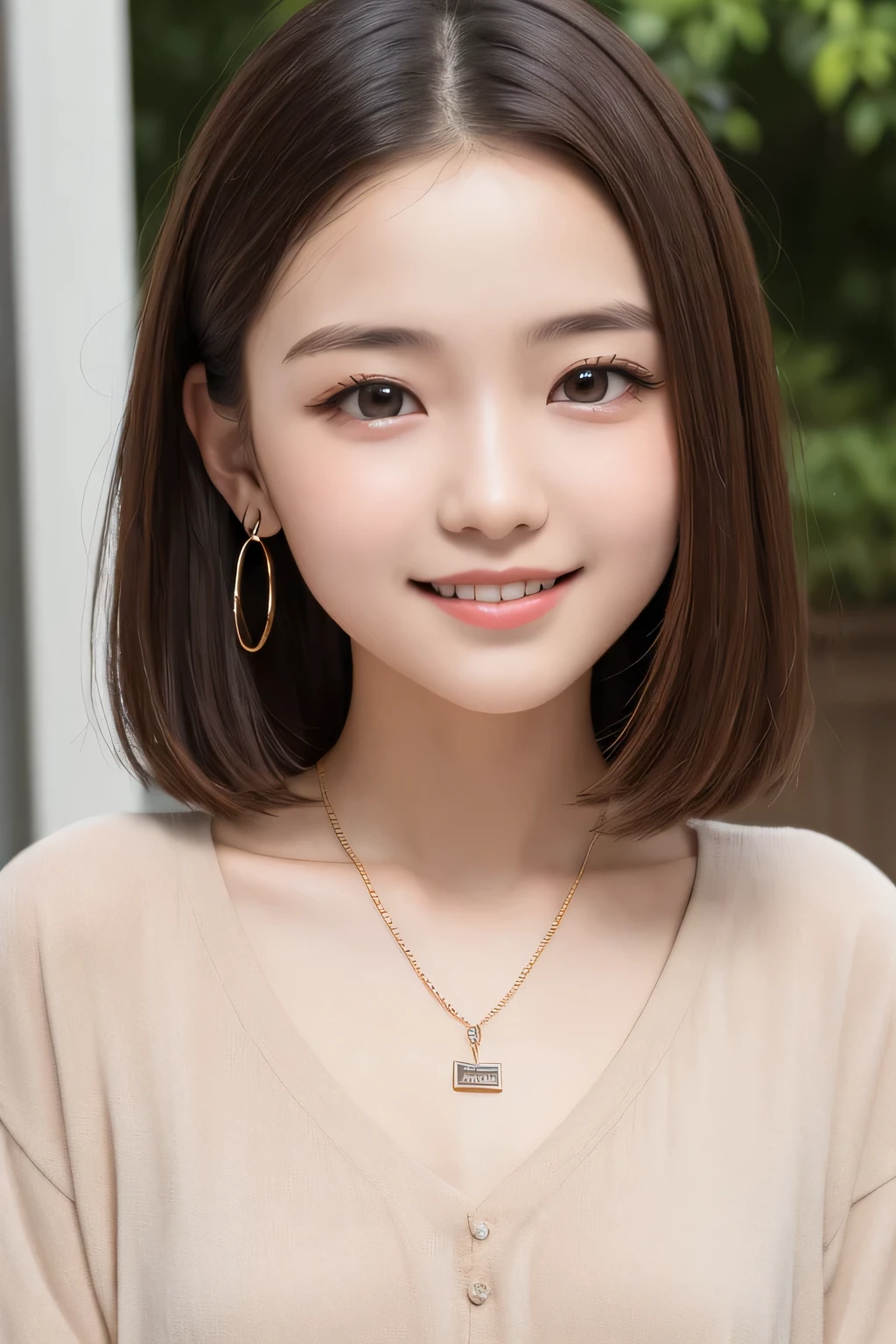 masutepiece, Best Quality, One girl, (a beauty girl, Delicate girl:1.3), (:1.3), Very fine eye definition, (Symmetrical eyes:1.3), ), (old clothes, old fashion:1.3),smile、Beautiful teeth alignment、Light brown hair、Long sleeve blouse、Ear piercing、necklace, close up to face, zoom in face, face focus、The background is the building's entrance