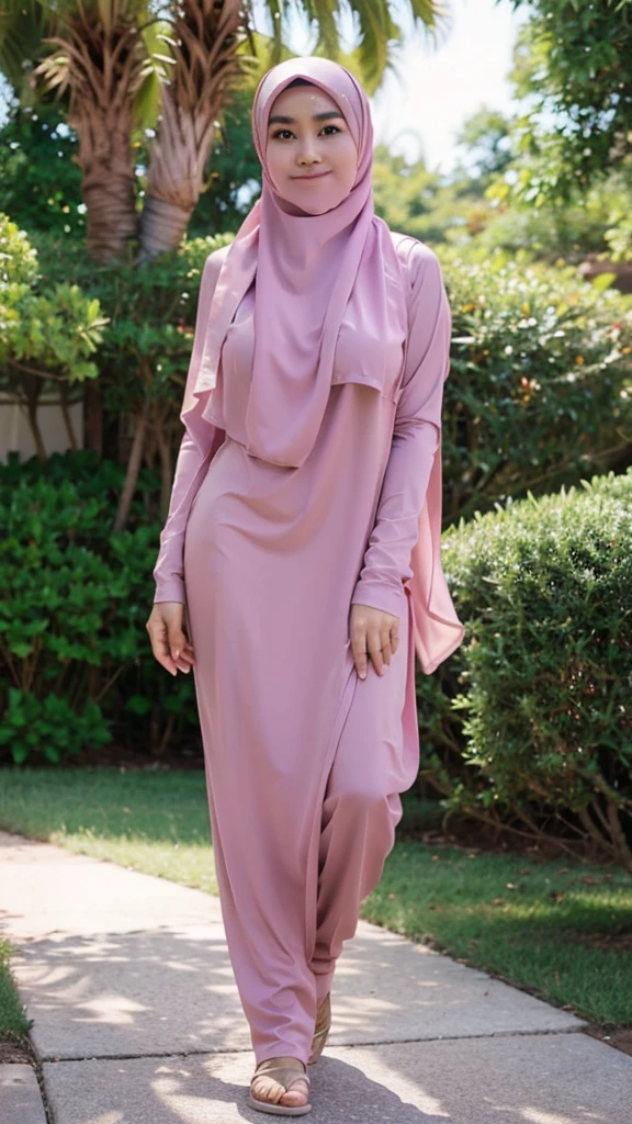 A beautiful Asian girl wearing a long hijab In tight clothes Was pinched her breasts with his elbows nsf, full body