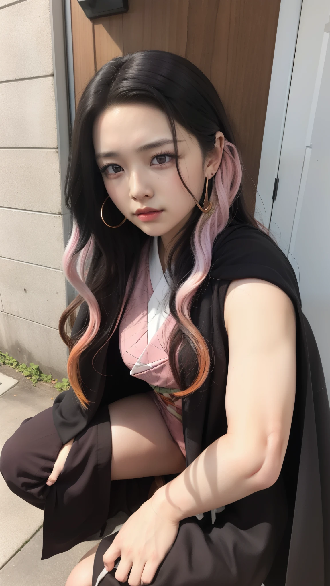 Cute Japanese woman, (16 years old), (Very cute face: 1.3), White moisturized skin,
BREAK,
Fighter, Kung Fu fighter, Idol,
BREAK,
(Wearing cute kimono: 1.3), (Very revealing kimono), Very large earrings, Short length,
BREAK,
(Long hair), (Black hair), (Wavy hair), (Gradient pink hair: 1.3), (Red hair at the ends),
BREAK,
(Realistic: 1.3), Masterpiece, Perfect lighting, (Ultra high resolution), (8K), (Very detailed: 1.4), (From the front), Looking at the camera, Melancholic expression, (Full body),
BREAK,
(Japanese city streets: 1.2), Tokyo Tower in Japan background,
BREAK,
(Demon Slayer: 1.4),
BREAK,
(Hellfire: 1.3), Demon, (Flame: 1.3)