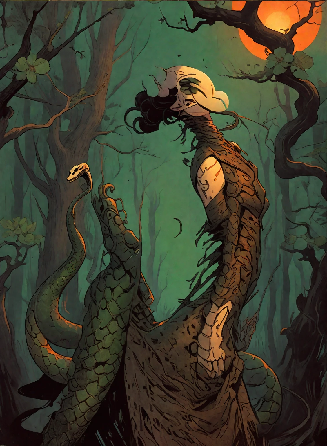 Medusa, gorgoneion, splash page comic cover art, ink style figure, ((expressive Joelle Jones and "Sean Gordon Murphy" comic drawing)), wordless, (face, ornate black metal corpse paint, resembles Grace Jones), morphology anatomy drawn Frederic Delavier musculature anatomical illustration, abyss void black no visibility darkness, (background, pine barrens, entropy, rewilding, magic hour sunset, galaxy stars, cosmos), cinematic poster, full length portrait, candid, snake skin dress, (body, Naga, snakefolk, lower body snake tail, snake woman hybrid, bald, hairless, skeleton, snake skin tattoos, piercing eyes, snake pupils, over the shoulder), craftsmanship nuance, (Gerardo Zaffino charcoal), (horror, abstract, surreal, body, cosmic), subliminal orchids, (colors, bleak muted deep fiery radiant glowing ROYGBIV, forest green, earth brown), nyctophobia, silhouette, double exposure, image within image, unfinished expressive rough-sketch, living snakes on head, snake-hair, serpent-hair,