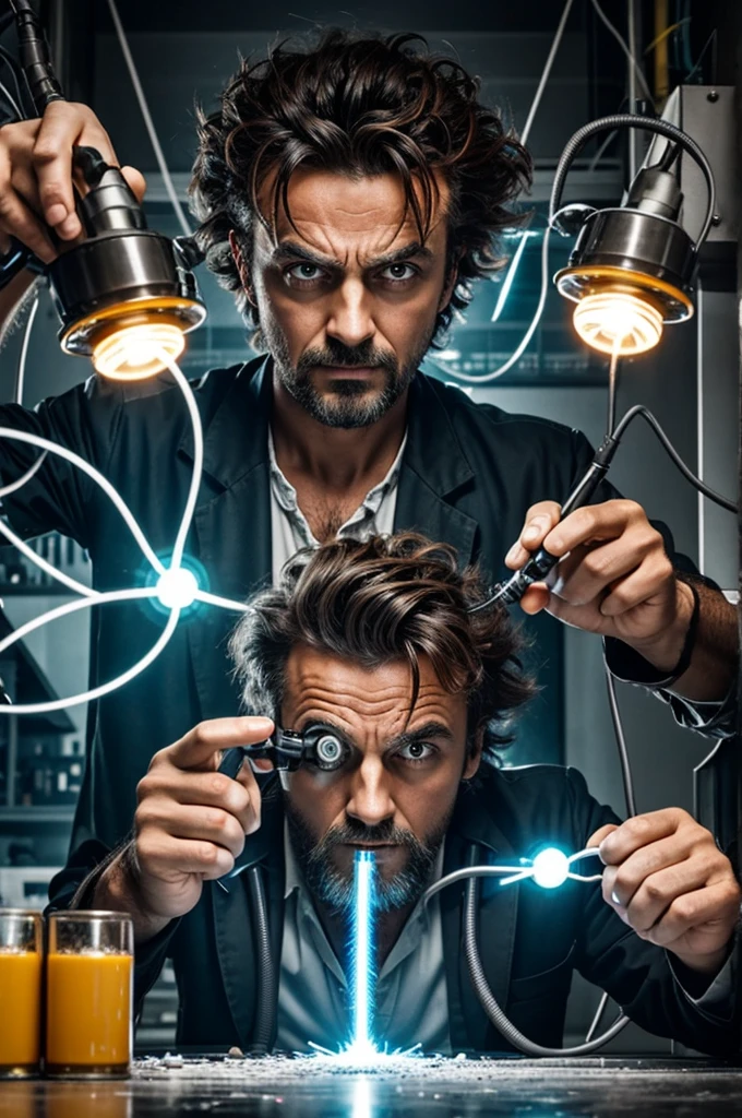 A mad scientist with messy hair, surrounded by magnets and electric charges