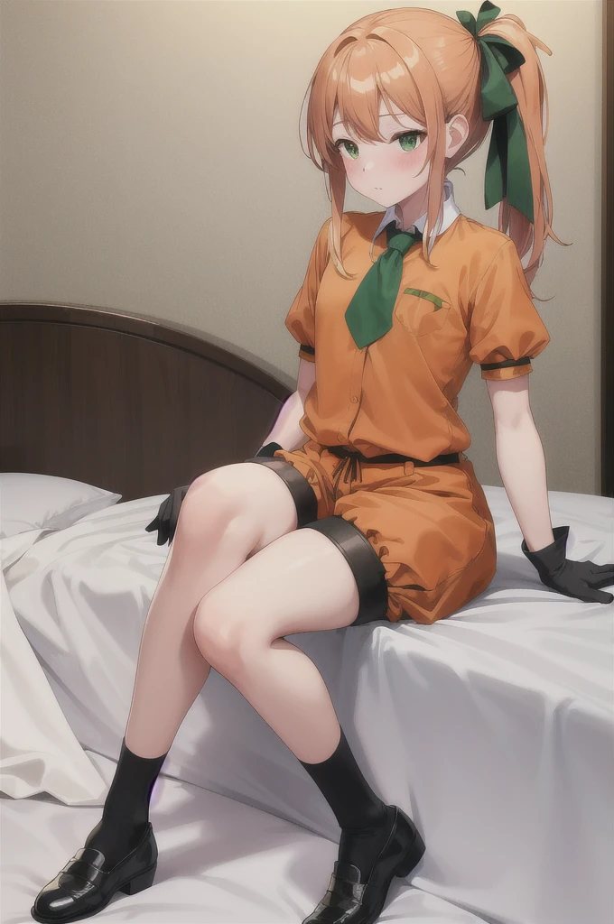 masterpiece,Highest quality,High resolution,Very detailed,shoes,Long Hair,Side Ponytail,Green ribbon,orange shirt,tie,Short sleeve,black sleeves,gloves,White shorts,shoes,indoor,bed,Sitting,Embarrassing,blush,