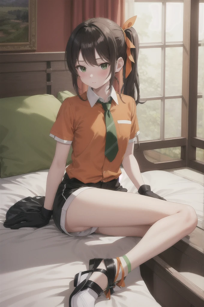masterpiece,Highest quality,High resolution,Very detailed,shoes,Long Hair,Side Ponytail,Green ribbon,orange shirt,tie,Short sleeve,black sleeves,gloves,White shorts,shoes,indoor,bed,Sitting,Embarrassing,blush,