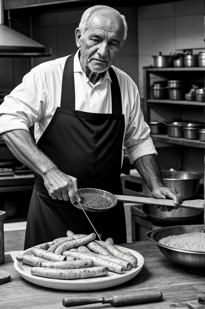 Managers a photo of an old man making chorizo in black and white 