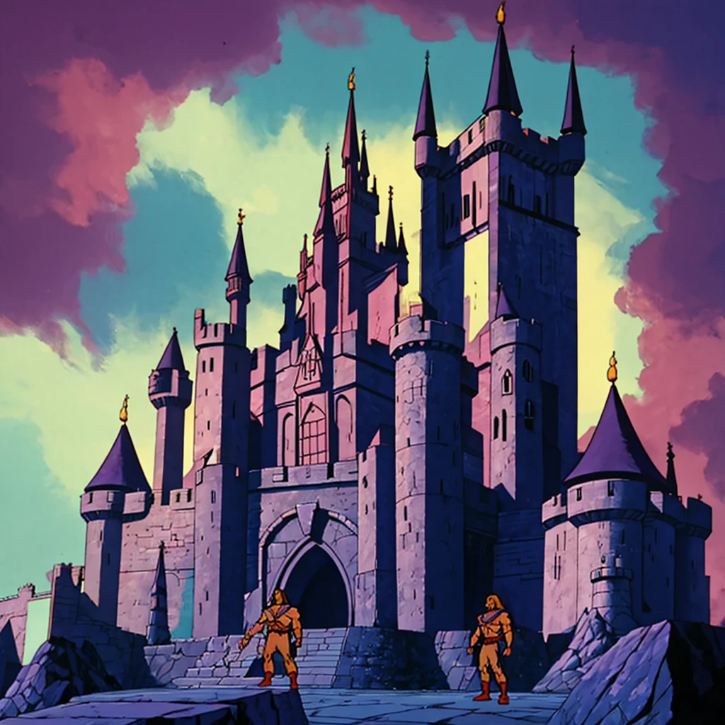 Skeletor standing in front of Castle Grayskull, low angle