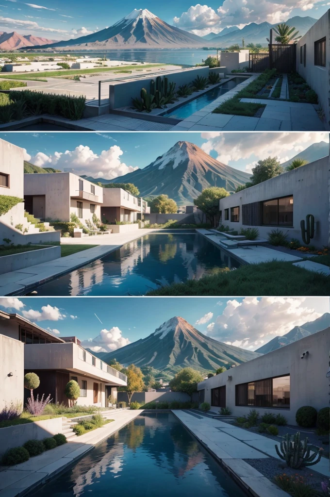 Multiple houses, brutalism style, Luis Barragán, Mountains in background, river, pool, terraces, stairs, garden terraces, trees, beautiful clouds, moon, sun, detailed, cacti, boulders, volcanic rocks, fuggy, river, lake, Violet, orange, olive green, blue, magenta, amazing volcano in horizont, beautiful garden design