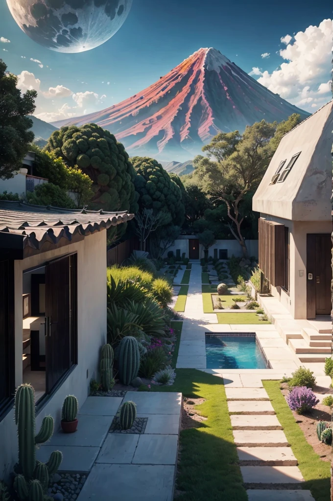 Multiple houses, brutalism style, Luis Barragán, Mountains in background, river, pool, terraces, stairs, garden terraces, trees, beautiful clouds, moon, sun, detailed, cacti, boulders, volcanic rocks, fuggy, river, lake, Violet, orange, olive green, blue, magenta, amazing volcano in horizont, beautiful garden design