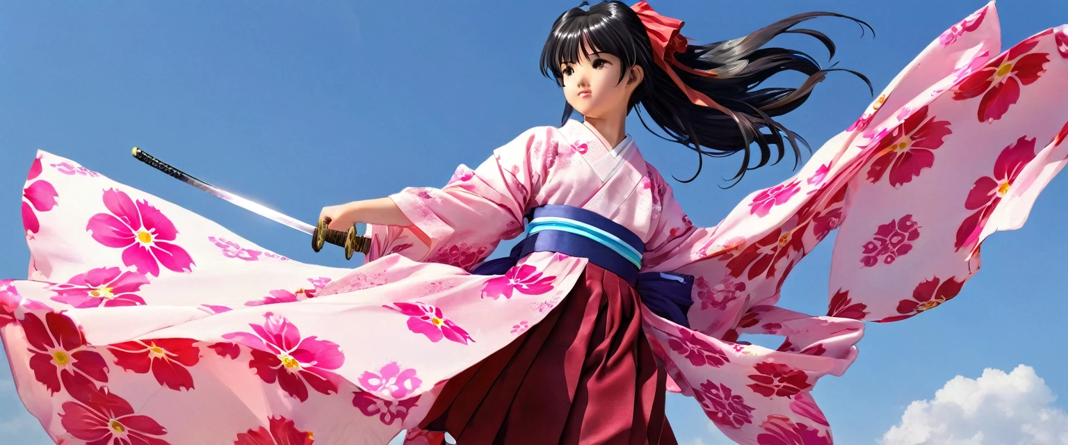 10 year old girl underwear, sakura shinguuji、Realistic bloomers made from patterned cotton fabric, Kimono and Hakama, Fabric Realism, Low Angle, I see bloomers, Pull up the dress by hand, Strong winds, Translucent slip, Translucent slip, tights, Highest quality, whole body、Black Hair、Holding a sword、Big ribbon in hair