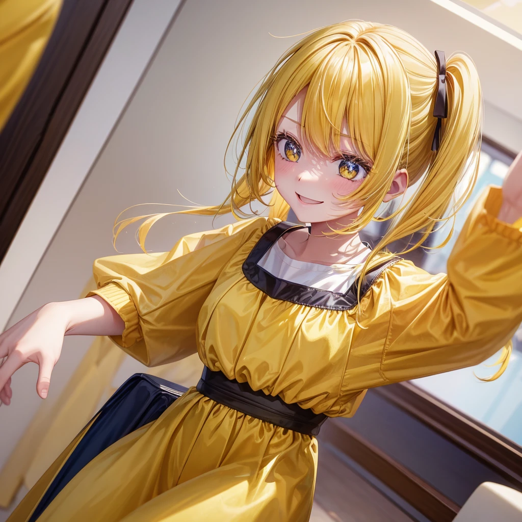 A clumsy, yellow-haired girl wearing yellow clothes。Looking at the camera and smiling shyly。