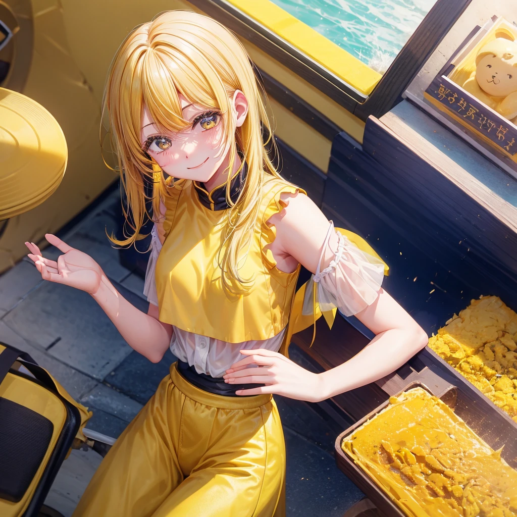 A clumsy, yellow-haired girl wearing yellow clothes。Looking at the camera and smiling shyly。