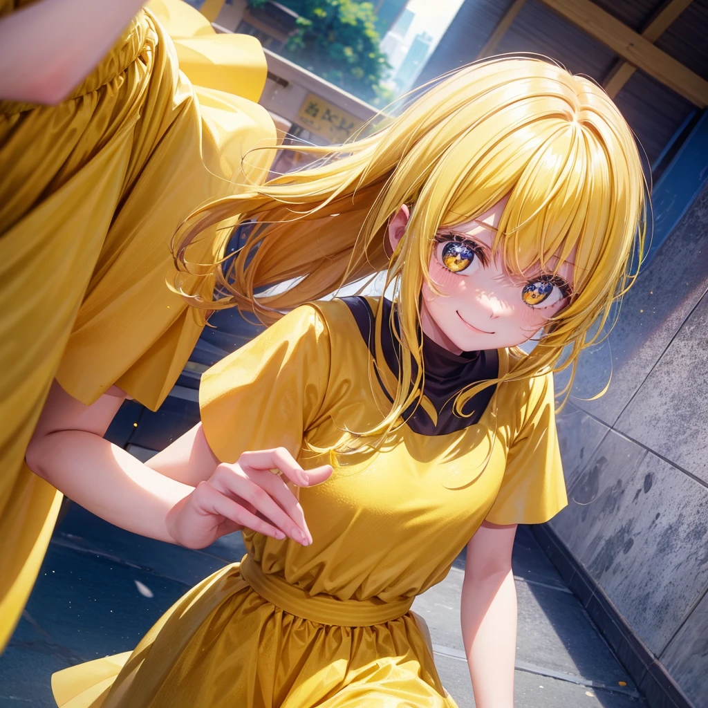 A clumsy, yellow-haired girl wearing yellow clothes。Looking at the camera and smiling shyly。