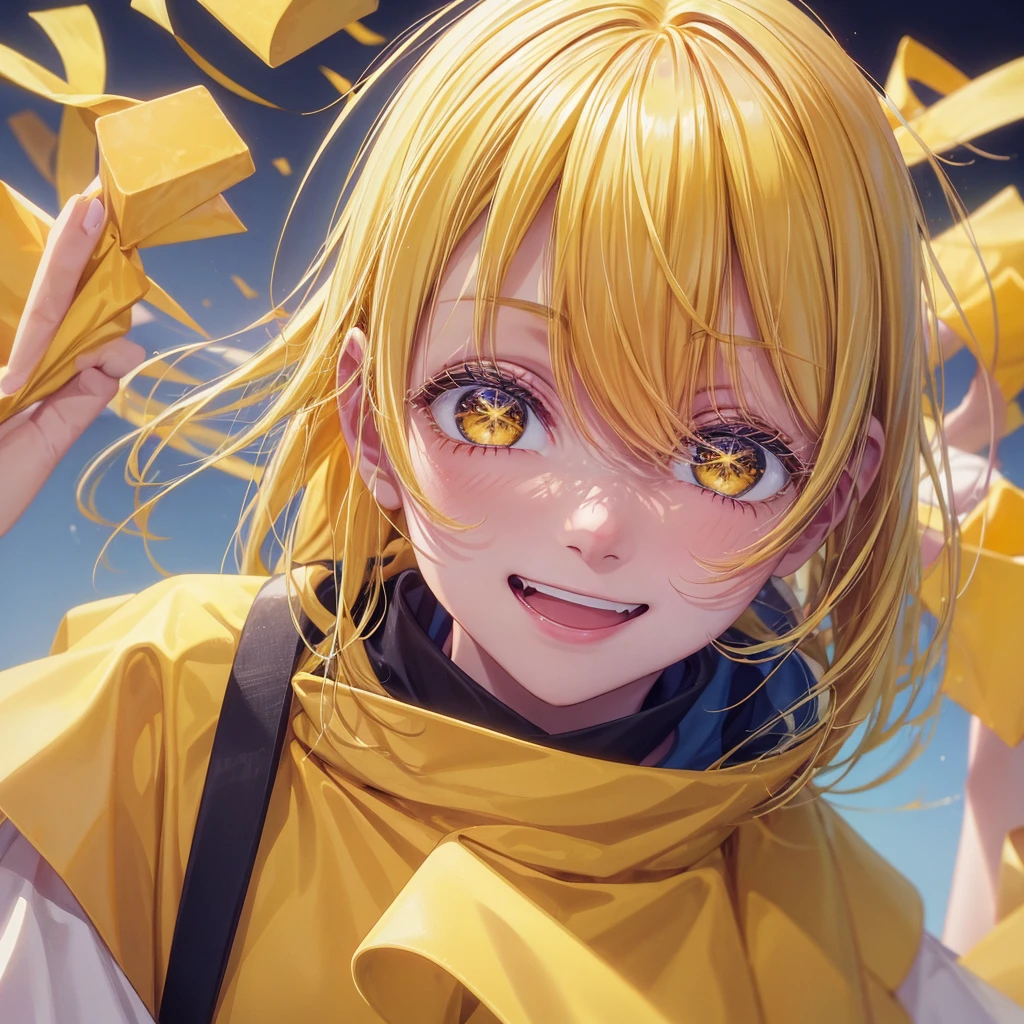 A clumsy, yellow-haired girl wearing yellow clothes。Looking at the camera and smiling shyly。