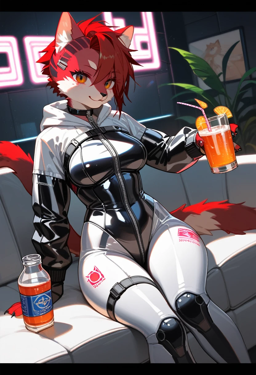 Highest quality, Highest quality, High quality illustrations, masterpiece, Ultra-high resolution, Detailed Background, skyscraper, rooftop, night, Absurd, Perfect Anatomy, performance, Good lighting, Shadows in the movies(kemono, Furry PersonifiCation), Cat, Rubber Suit, latex, neon, neonライト, neonカラー, Bodysuits, Cyber Suit, cyber punk, Rubber Hoodie, Bottle, Earrings, Tattoo Dynamic Angle