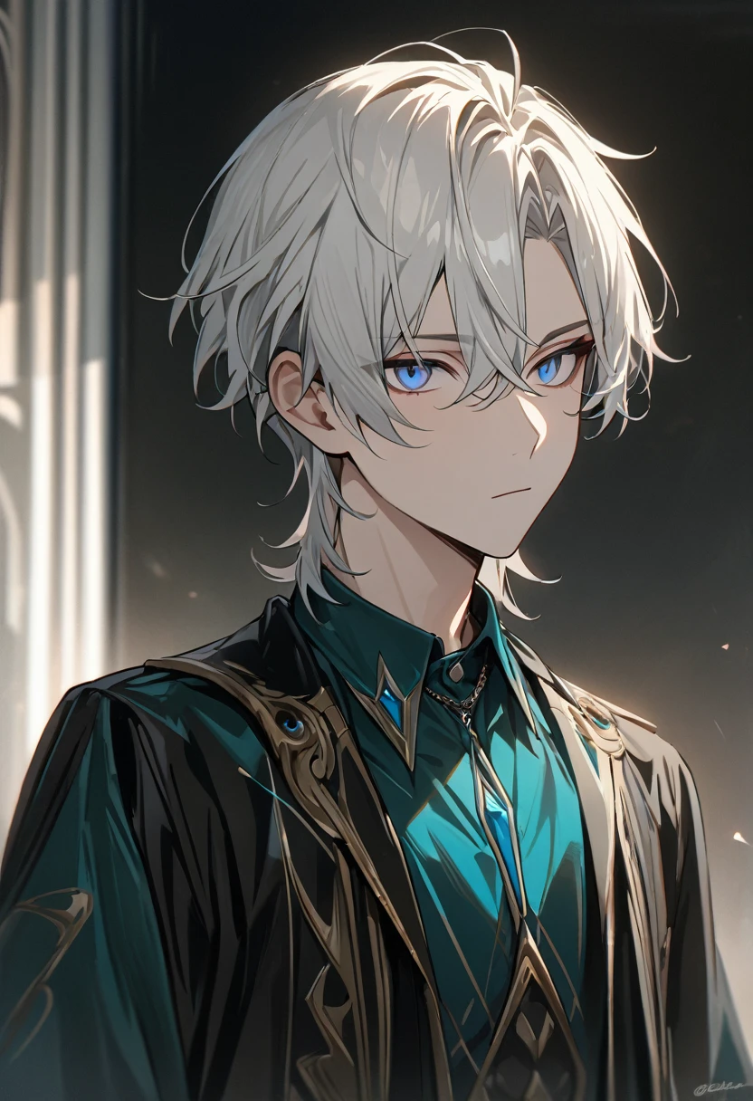 1 male, short hair, white hair WITH BLACK HIGHLIGHT, MULTICOLORED black Hair, blue eyes, aventurine clothes, (best quality,4k,highres,masterpiece:1.2), teenager, expressionless, emotionless