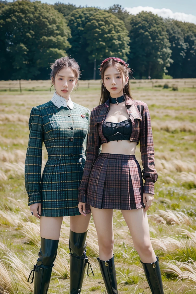 there is a woman standing next to a robot in a field, vogue italia, tartan garment, classical animation, scott robertson, two models in the frame, victorian photograph, two women, cyborg warrior