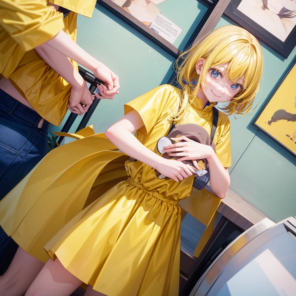 A clumsy, yellow-haired girl wearing yellow clothes。Looking at the camera and smiling shyly。