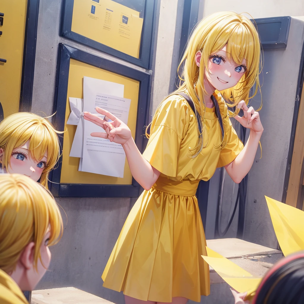 A clumsy, yellow-haired girl wearing yellow clothes。Looking at the camera and smiling shyly。
