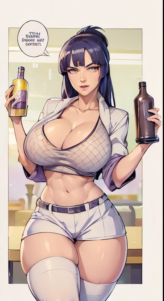 Hinata Hyuga, a beautiful woman, extremely lifelike, wearing a waitress uniform, with bottles in hands, big-ass, legs thick, Fitness,