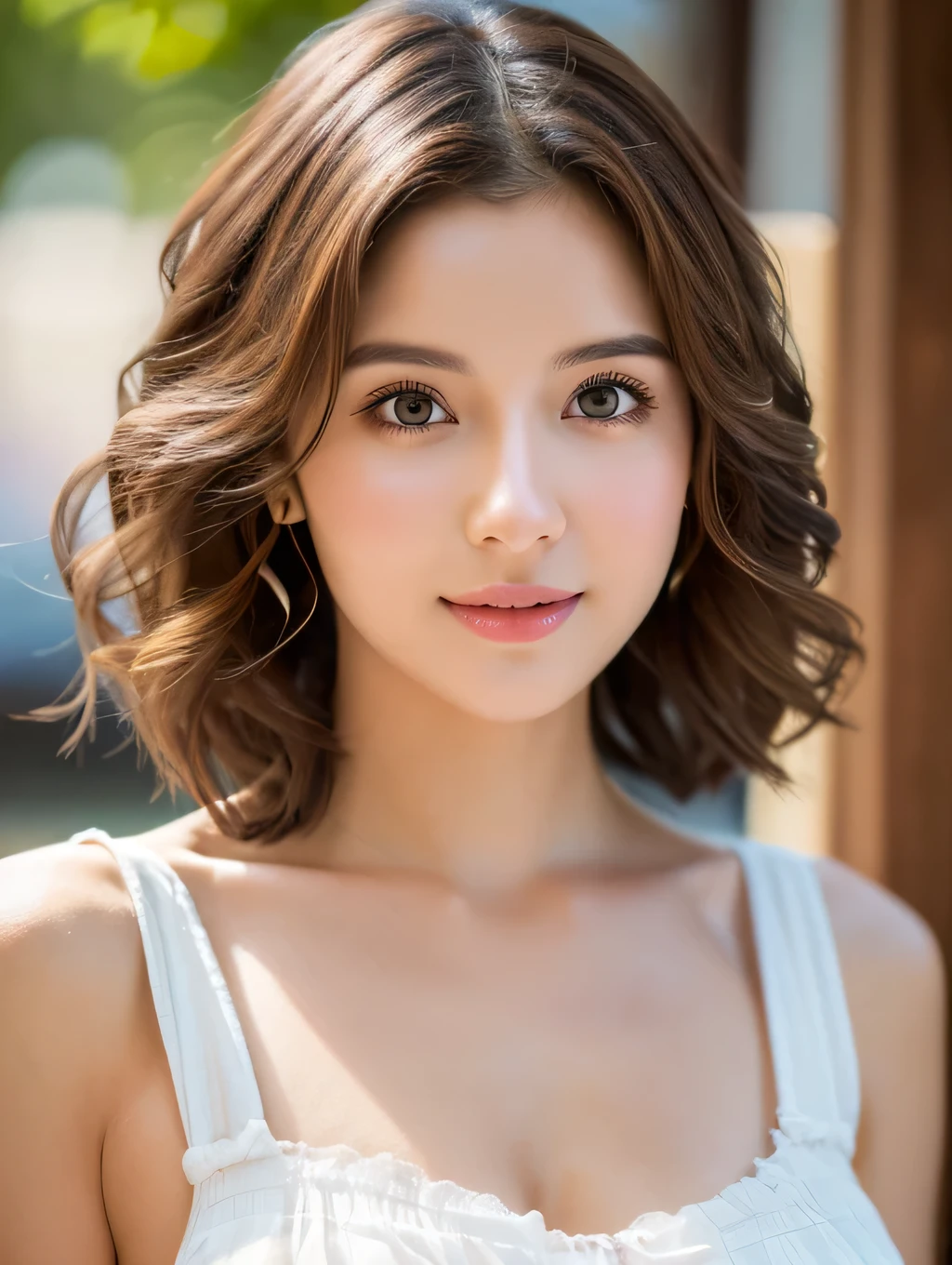 (realistic,ultra detailed,highest resolution:1.3),girl with perfect body 1, beautiful face,Short wavy hair,brown eyes,cafe