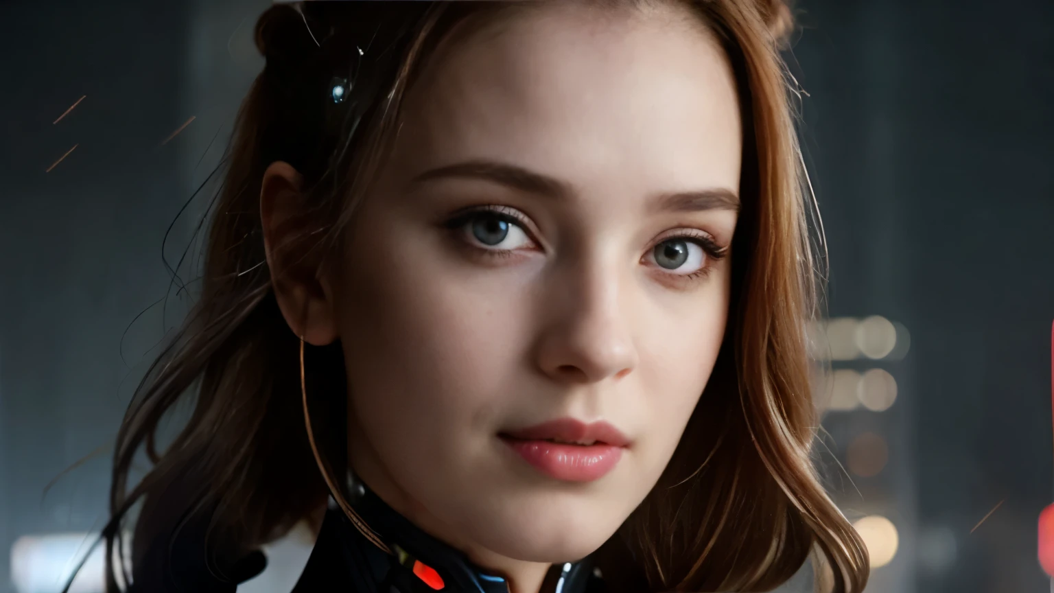 Jia Lissa, female android, long silver hair, , villain, she is coming to you, up close, china town, lightning, bright eyes, wearing a cyber clothes, wires, leds, (up close:1.3) blade runner, hair tied,  grin