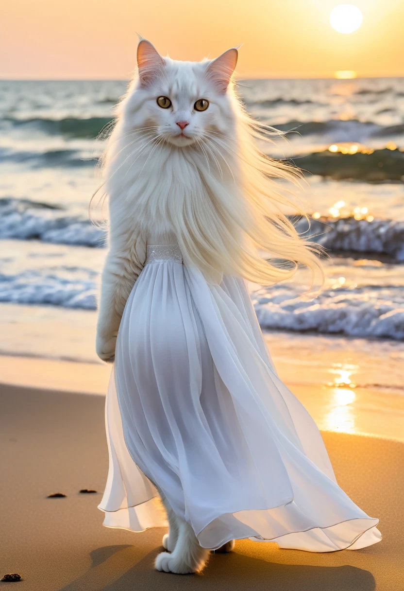 Realistic portrait of a dressed animal - beautiful anthropomorphic long-haired white cat, White long hair、青いMelancholyな瞳、Long white hair fluttering down her back、Standing on the beach in a white chiffon dress(Golden Hour波が足元に寄せてくる、Vibrant sunset) ,Antique photos、Nostalgia、Highly detailed decorations,, (Melancholy),Golden Hour、Dramatic(Full body image:1.5)