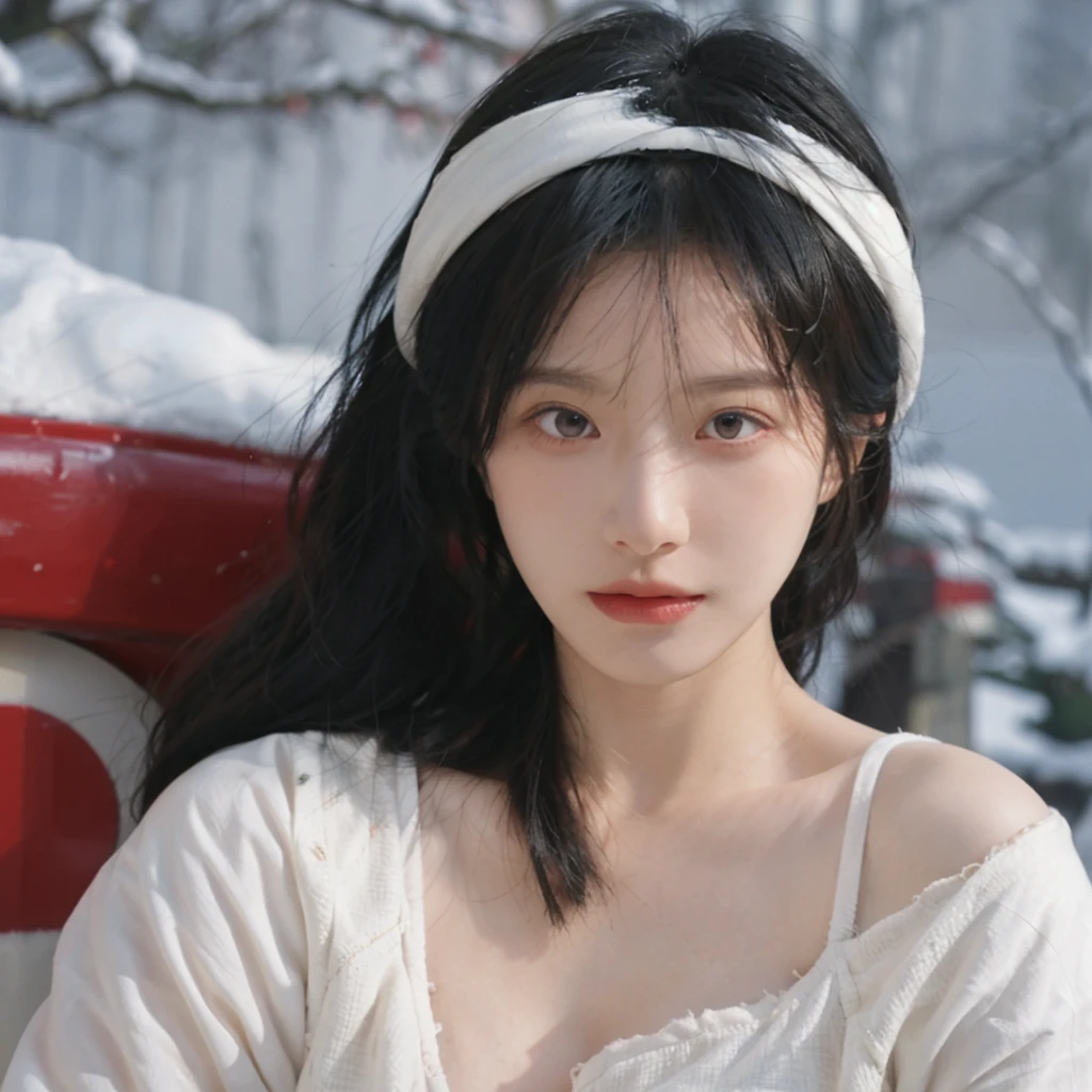 Portrait photography，1 girl，Snow Scene，Snowing background，Push-up non-slip tube top ，（whole body：1.4），Lipstick，(Big Breasts:1.4)，Headband，serene，calm，(Realistic and detailed eyes，Natural skin texture，Realistic facial details)，