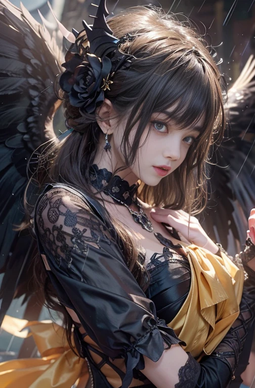 (masterpiece:1.3), (8k, Realistic, RAW Photos, Best image quality: 1.4), Fair-skinned fairy woman、blow long hair、Hair blowing in the wind、Cleavage:2.0、Highly detailed face、Attention to detail、double eyelid、Chest to chest、Sharp focus:1.2、Beautiful woman:1.4、 Brunette Hair、Highest quality、masterpiece、Ultra-high resolution、(Realistic:1.4)、Highly detailed and professionally lit smiles, Gothic Costume、Dark Street ,Shoulder out、thin、Serious expression、black goth fashion:1.2 , Short-haired、Deadly position, Gorgeous Necklace , One person、whole body, Giant black angel wings on the latissimus dorsi、Rainy , Yellow Eyes、both hands, Perfect Fingers.