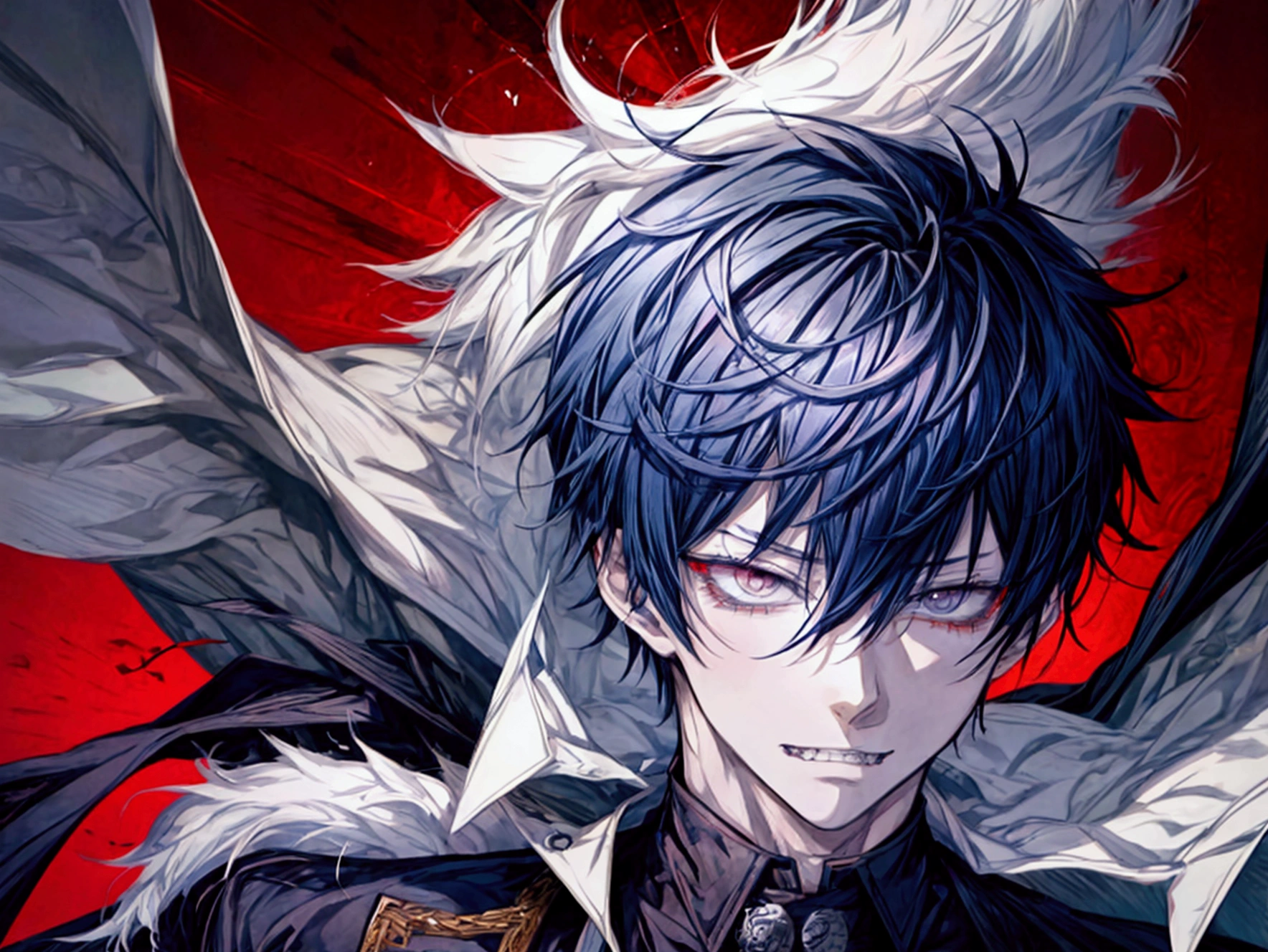 Anime boy with sharp teeth and many peircings, school boy, crazy male, attractive, sharp eyes, eyebags, shaggy hair, crazy facial expression, punk clothing style, character sheet, character reference sheet