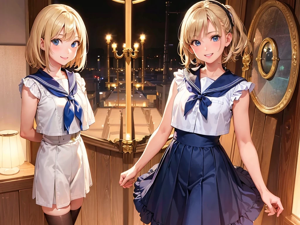(masterpiece、Highest quality:1.2),Frame In、 Cowboy Shot, One Girl, View your audience, (Highest quality, 8k), Very detailed, (Realistic, Realistic:1.37)、short hair、Blonde、Fun Expressions、smile、Teeth are visible、Sailor suit、high school girl、Health Room、Daytime、Arms folded in front of chest