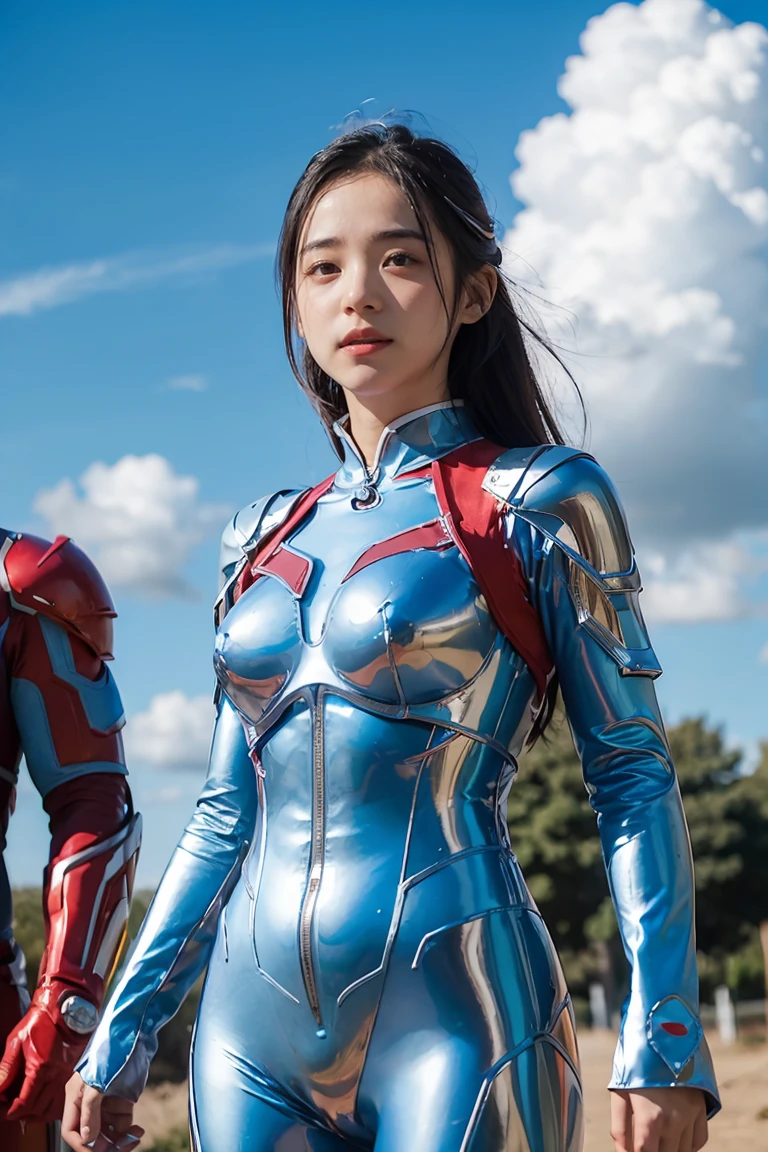 (((blue sky with cloud in background)), Ultraman、realistic、realistic、cinematic lighting, Girl in a shiny red and silver suit、、professional photos、Don'Do not expose your skin, japanese model, japanese cgi、Ultraman Suit、, Power Rangers Suit、tight and thin cyber suit,Whole body rubbery、There's pink There、 delicate body, big breasts、small ass、thin thighs、thin arms、thin waist、camel toe、Both sides of the cyber suit stick to the skin、Big eyes、black short hair、facing the front、facing the front立っている、A glowing sphere is embedded in the chest.、Essay Examination、 blue sky background