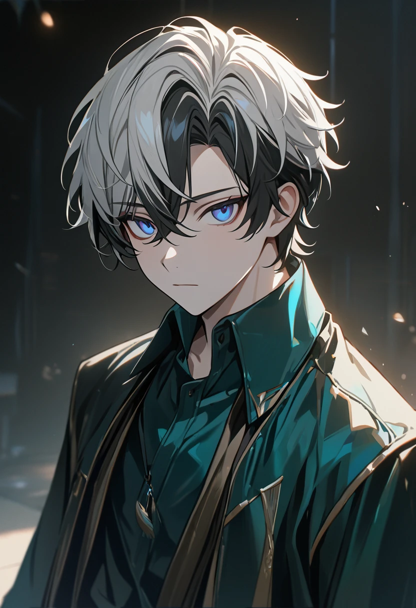 1 male, short hair, white hair WITH BLACK HIGHLIGHT, MULTICOLORED black Hair, blue eyes, aventurine clothes, (best quality,4k,highres,masterpiece:1.2), teenager, expressionless, emotionless. short hair