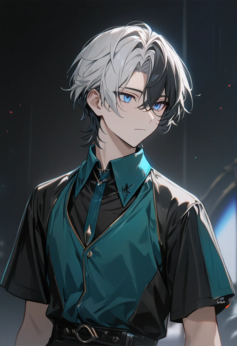 1 male, short hair, white hair WITH BLACK HIGHLIGHT, MULTICOLORED black Hair, blue eyes, aventurine clothes, (best quality,4k,highres,masterpiece:1.2), teenager, expressionless, emotionless. short hair