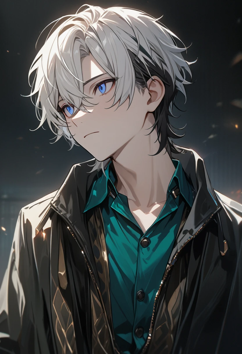 1 male, short hair, white hair WITH BLACK HIGHLIGHT, MULTICOLORED black Hair, blue eyes, aventurine clothes, (best quality,4k,highres,masterpiece:1.2), teenager, expressionless, emotionless. short hair