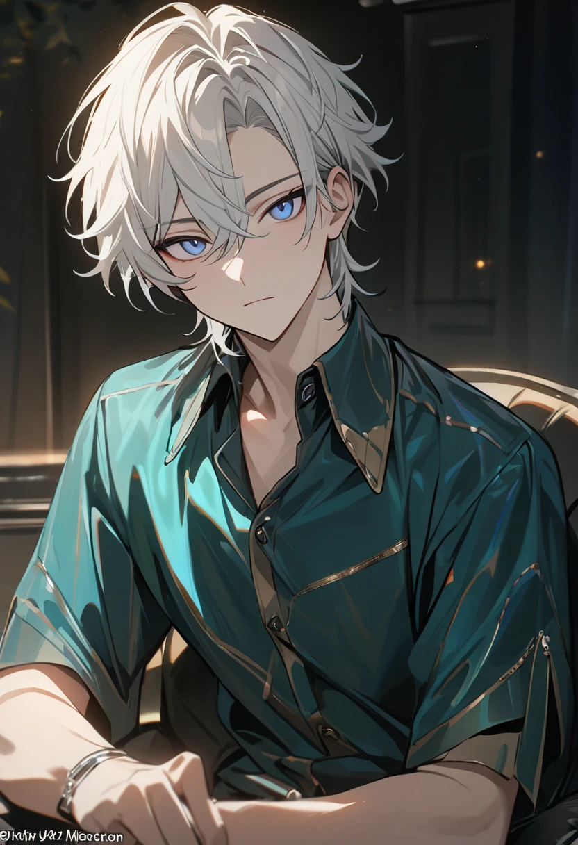 1 male, short hair, white hair WITH BLACK HIGHLIGHT, MULTICOLORED black Hair, blue eyes, aventurine clothes, (best quality,4k,highres,masterpiece:1.2), teenager, expressionless, emotionless. short hair