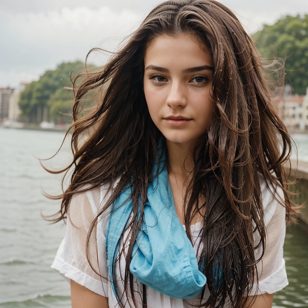 foreground: a beautiful European woman, 18-years old, wet wavy hair in the wind. She is a men's magazine model, She has a subtle smile and flirts with the camera, (She wears casual shirt with long woolen sweater and latex pants with big belt:1.2),background walking in Amsterdam, (Amsterdam canals under sunset lighting:1.3), red light district amsterdam, perfects eyes, perfect hands, perfectbody, perfect hair, perfect chest, Hair behind the ear, ultra HD, retina, work of art, precise, anatomically correcte, texturized skin, super detaill, High details, high qualiy, awardwinning, best qualityer, high resolution, 16K, 8k,